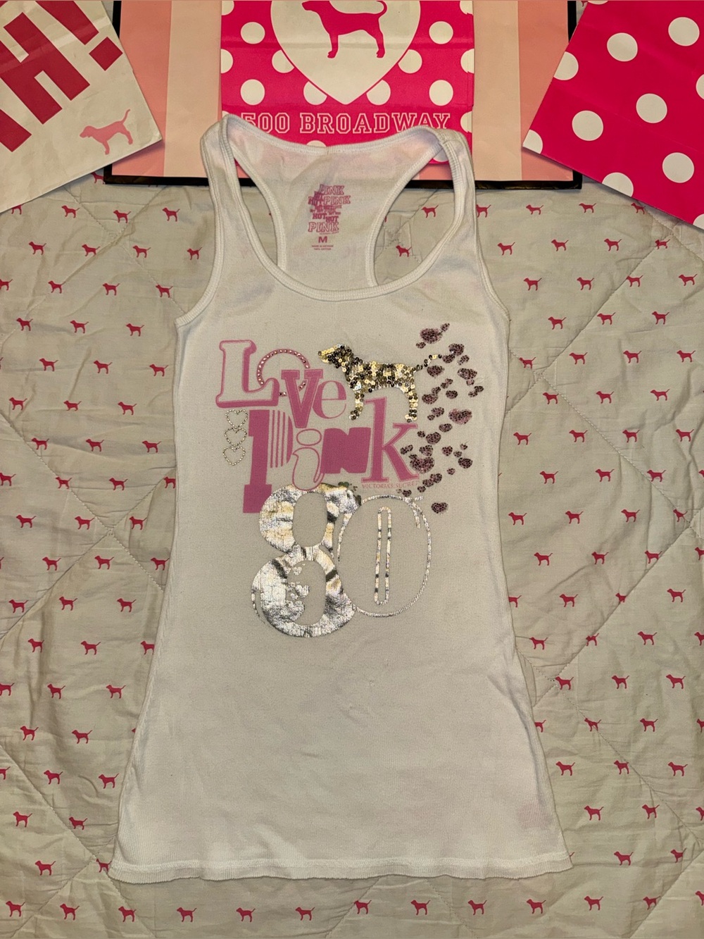 VS PINK VINTAGE Y2K RIBBED TANK TOP WHOTE LOVE HEART DOG 1980 BLING RARE HTF MED